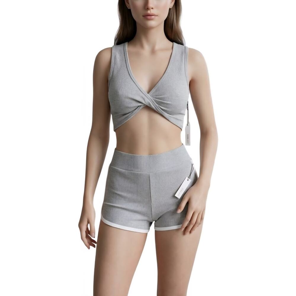 Forever 21 2 Piece Lounge Set Ribbed Crop Knot Top Dolphin Shorts Size Small.